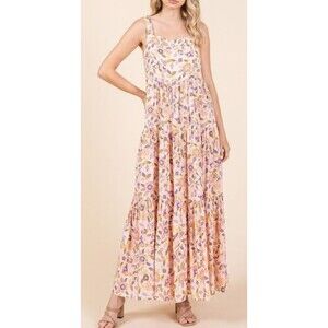 Mittoshop Women's Sherbert Flower Print Tiered Maxi Dress Size Medium Boho Chic